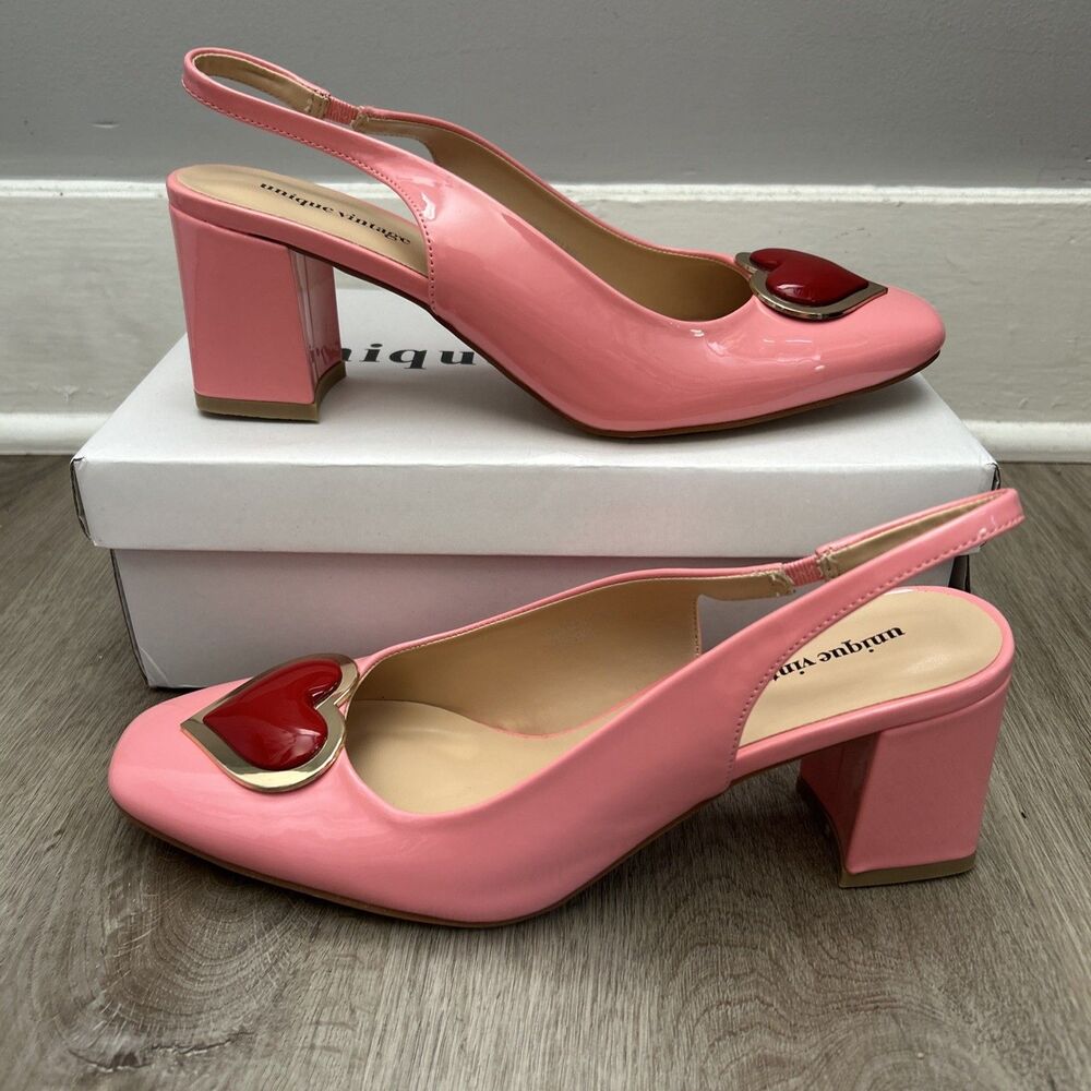 Unique Vintage Pink Heart Leatherette Slingback Heels Womens 9 Dress Shoes NEW